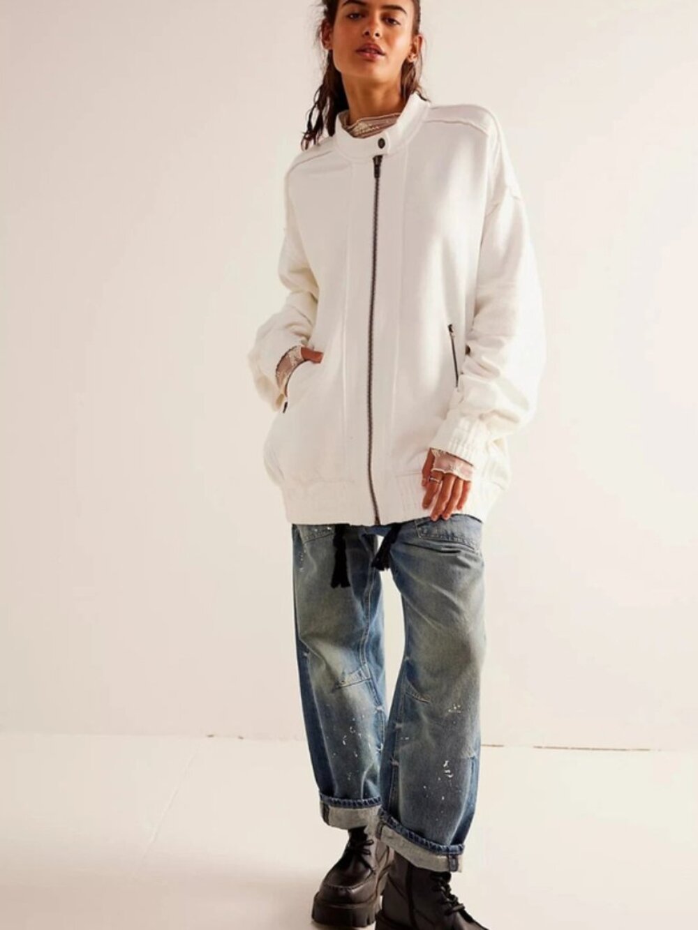 Free People Lou Moto Zip Jacket Dropped Shoulders Long Sleeve White XL